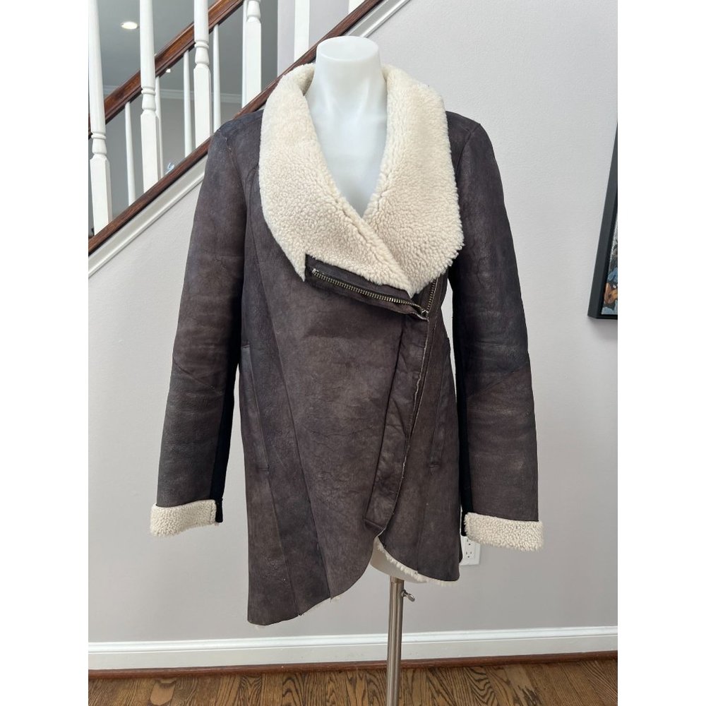 HELMUT LANG Weathered Shearling Leather Jacket Coat - Size Large